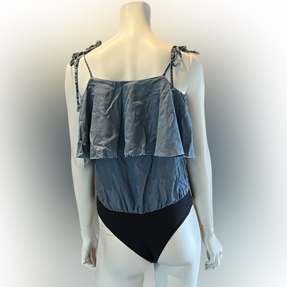 NWT ZARA Blue Denim Ruffled Chambray Camisole Spaghetti Strap Bodysuit Small - Picture 4 of 15